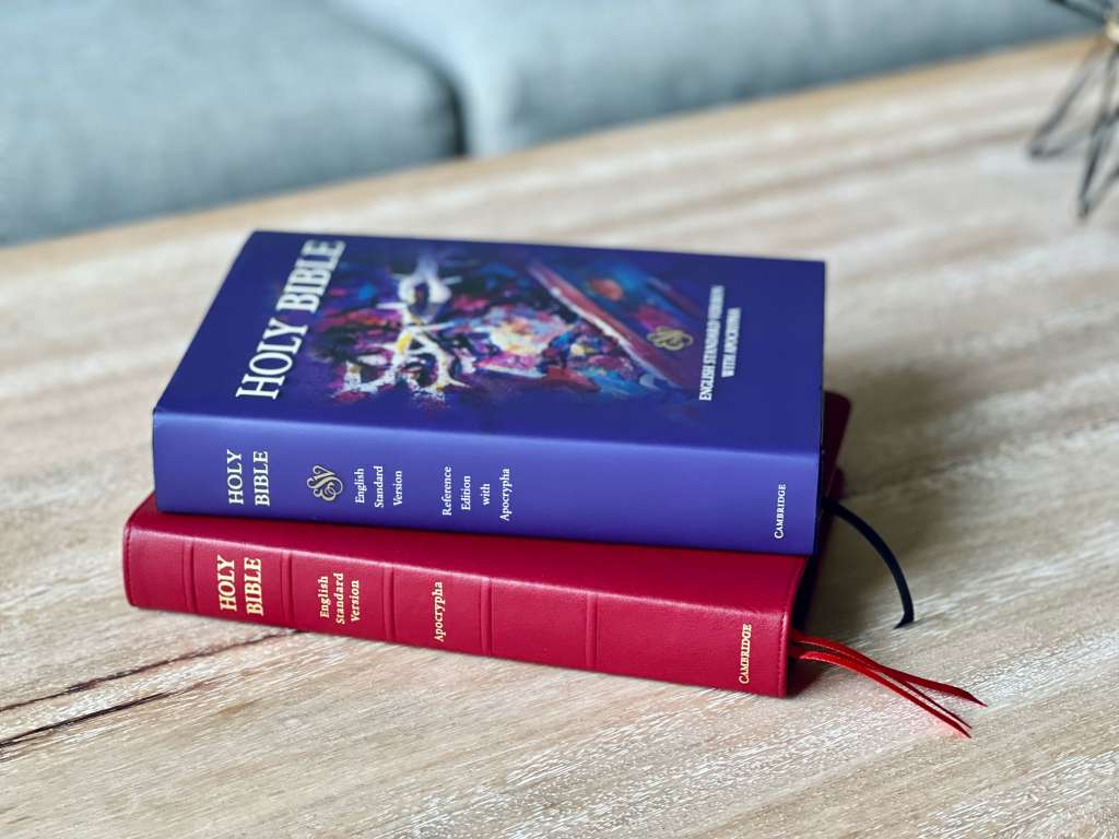 Red and blue books on the desktop